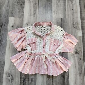 POL Pink Lace Crochet Oversized Top